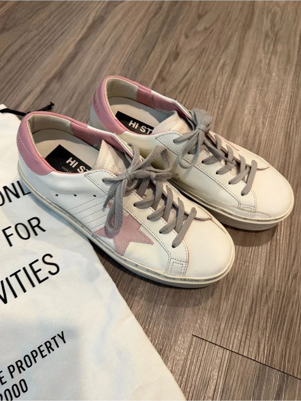 Golden Goose White Leather Sneakers with Pink Star and Heel